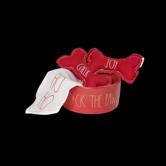 Rae Dunn Dog Toys Set Red Bowl and Bones "Deck the Paws" 6” Pet Bowl Bandana X 4 - Picture 3 of 4